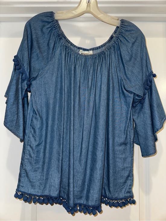 Hester & Orchard Tops - Hester & Orchard  Blue Pom-Pom Peasant Top